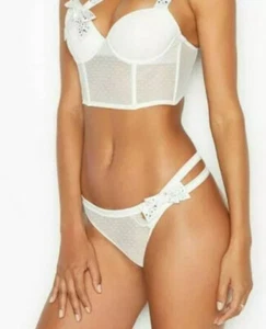 Victorias Secret White Luxe Thong Panty Size L Satin Rhinestone Bow Polka Dots - Picture 1 of 11