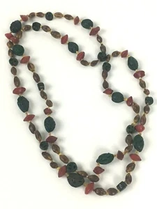 Vintage Seed Necklace Strand Varnished Natural Brown Green String 46'' Nut Beads - Picture 1 of 8