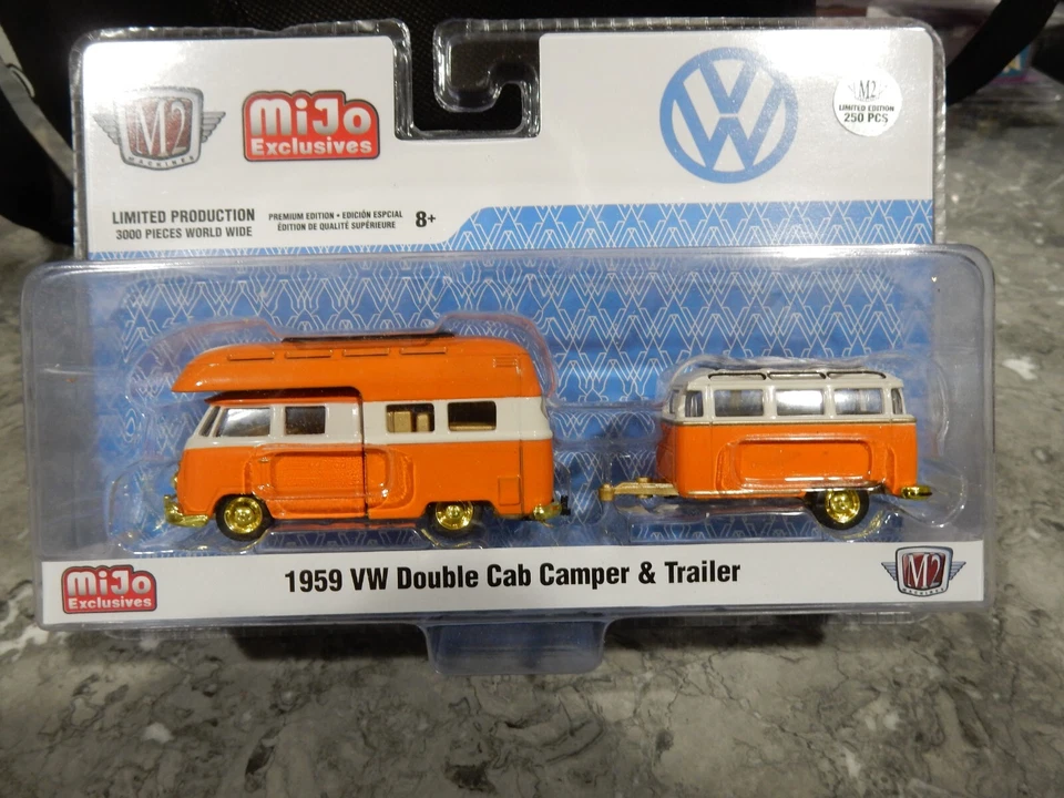 1:64 VOLKSWAGEN  1959 VW DOUBLE CAB CAMPER & TRAILER CHASE CAR SET M2 MACHINES - Image 1 of 1