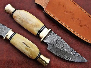 DAMASCUS STEEL HUNTING KNIFE HANDLE CAMEL BONE WOODEN BRASS LINER - Picture 1 of 8