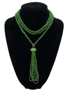 Antique 1900s 38" Braided Green Glass Seed Bead Necklace Lovely Tassel VDAY - Picture 1 of 15