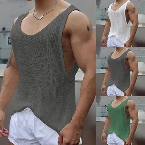 Vest Street Fashion Scoop Neck Sleeveless Breathable Fitness Knitted Mesh Fabric - Picture 1 of 20