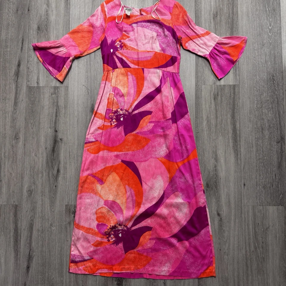 Vestido de tela de corteza vintage años 70 Momi’s Fashions neón floral manga campana Foto 1 de 4