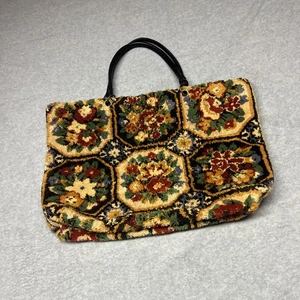 Vintage Carpet Bag Made in Belgium Leather Straps Floral Zip Closure Heavy Duty - Picture 1 of 13