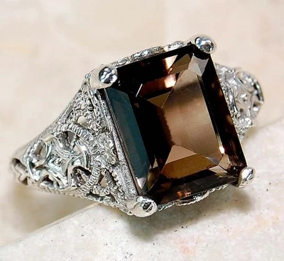 4 克拉天然烟熏黄玉 925 纯银复古外观戒指 尺寸 6 RE1-1 — 第 1/3 张图片