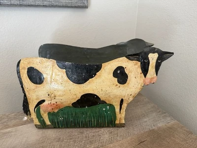 Primitive Vintage Cow Flower Pot Metal 2 Sided White Black Cows Farm Planter - Image 1 of 4