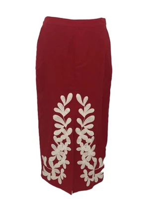 Jaeger Women's Skirt Red White Floral Embroidered Pocket Linen Zip Lined New F1 - Image 1 of 4