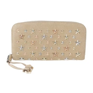 JIMMY CHOO Wallet Leather Beige Round Zip Long Wallet From Japan - Picture 1 of 24