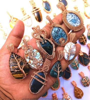 Lote colgante hecho a mano ojo de tigre y mezcla de piedras preciosas alambre de cobre envuelto joyería regalo Foto 1 de 3