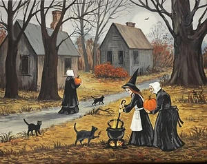 5x7 Impresión de Pintura RYTA ARTE SALEM Gato Bruja Casa Embrujada Paisaje de Halloween - Imagen 1 de 1
