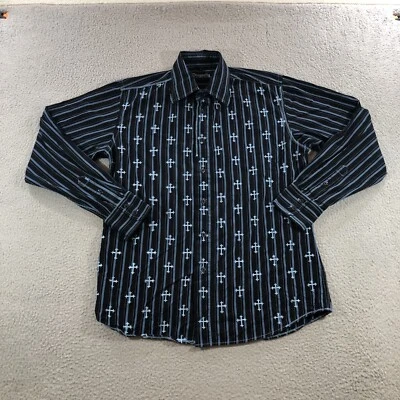Dragonfly Long Sleeve Shirt Men’s L Black Blue Vertical Stripes Casual Button Up - Image 1 of 4