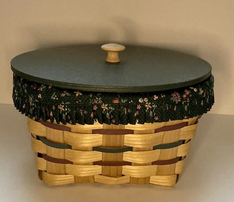 NEW PETERBORO BASKET CO Basket W/Burgundy Green Accents Cloth & Plastic Liner Cover