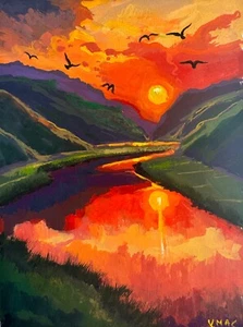 Original Landscape Painting Signed Sunset Sky Clouds Nature Collectible Art - Picture 1 of 3