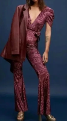 NEW FREE PEOPLE MULBERRY FLORAL ROSALINE VELVET JUMPSUIT PANTS SIZE XS - Image 1 of 4