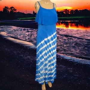 Y2K Maxi Dress Sz S Petite Jersey Knit Blue White Striped Hippie Boho Nautical - Picture 1 of 15