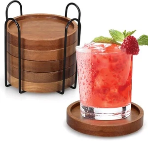 6 Acacia Wood Coasters w/Holder - Drink Cup Mat Set for Home Dining - Picture 1 of 7