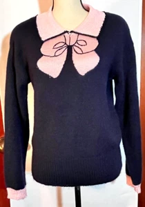 Vintage 80s Black Pink Bow Kawaii Knit Cute Sweater Medium - Picture 1 of 9