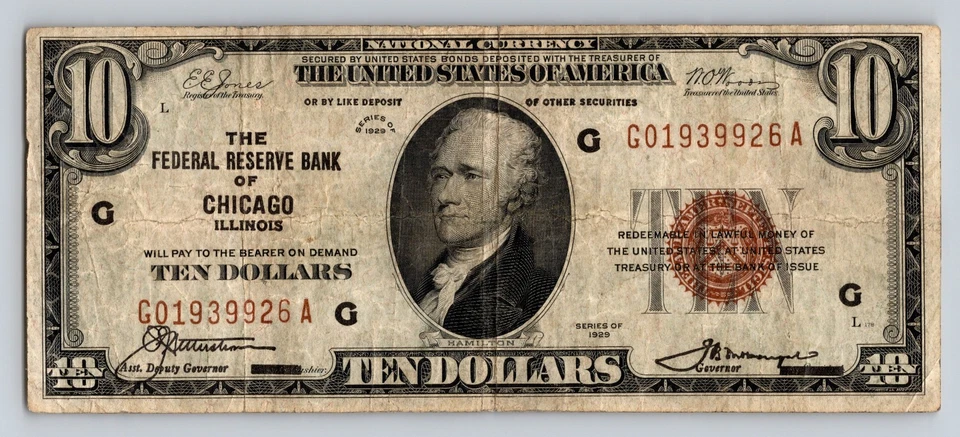 $10 1929 Federal Reserve Bank Chicago Illinois National Currency Note Brown Seal - Image 1 of 2