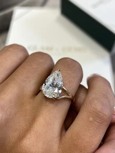 Pear Diamond Women Ring E VS1 3ct Solitaire Grown Lab created 14k Yellow Gold - Picture 1 of 15