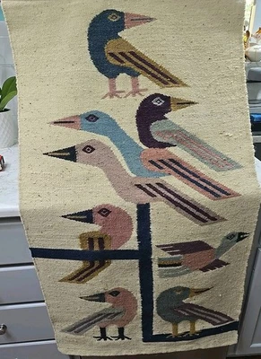 Винтажный шерстяной гобелен ручной работы с птицами народное искусство 47,5x25,5 дюйма Южная Америка Эквадор - Изображение 1 из 4