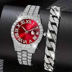 Watch Hip Hop Silver Finish Simulated Diamond & Full Iced Cuban Bracelet Gift - Picture 1 of 10