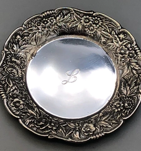 Repousse by S. Kirk & Son sterling silver Nut Dish 3.25"  # 17, Monogrammed Cover