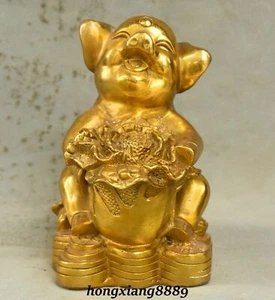 5.9" Old China Pure Bronze Gild Wealth Money Coin Pig Swine Cabbage Statue - Picture 1 of 12