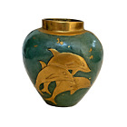 Vintage Brass and Teal Enamel Dolphin Vase 5 Inch Planter Pot