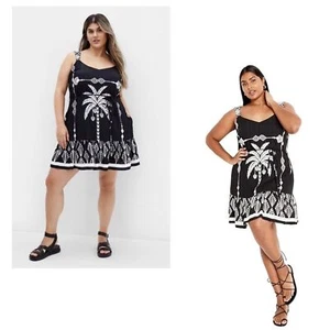 City Chic Peta Tie Waist Border Palm Print Dress black Size S 16 - Picture 1 of 9