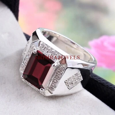 Piedra preciosa granate natural con anillo de plata enchapado en oro blanco de 14K para hombre #511 Foto 1 de 4