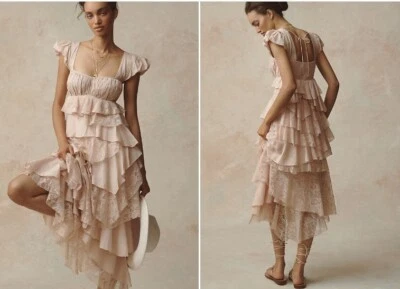 Anthropologie Cap-Sleeve Lace Ruffle Midi Dress - X-SMALL (UK 6-8) - RRP £198 - Image 1 of 4