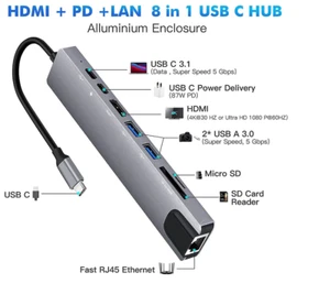 8 in 1 USB C Hub Adapter HDMI 4K USB 3.0 Micro SD Network for Mac HDTV Notebook - Picture 1 of 7