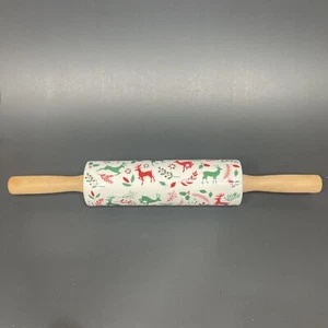 Vintage Ceramic Christmas Holly Rolling Pin Green & Red Reindeer Holly Deer - Picture 1 of 5