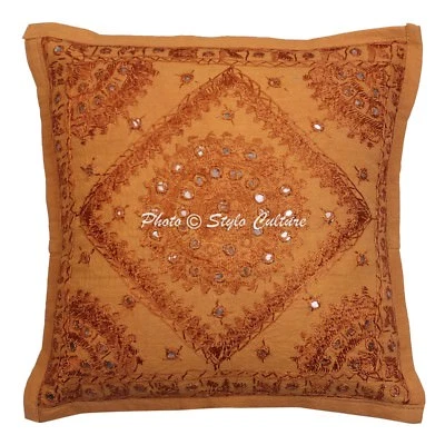 Indian Cotton Mirror Cushion Cover Hand Embroidered Pillow Case Cover Throw 16" - Image 1 of 4
