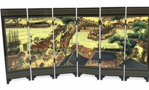 Asian Table Screen 6 Panel Symphonic Picture Riverside Scene @ Qingming Festival - Picture 1 of 8