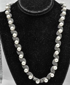 Estate Sterling Silver Marcasite & Pearl JUDITH JACK Designer Necklace 16" long - Picture 1 of 5