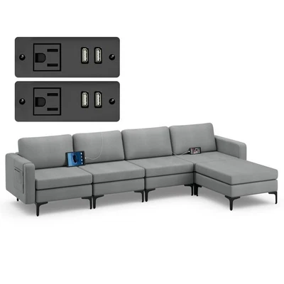 Sofá seccional modular en forma de L con chaise reversible y 4 puertos USB gris oscuro Foto 1 de 4