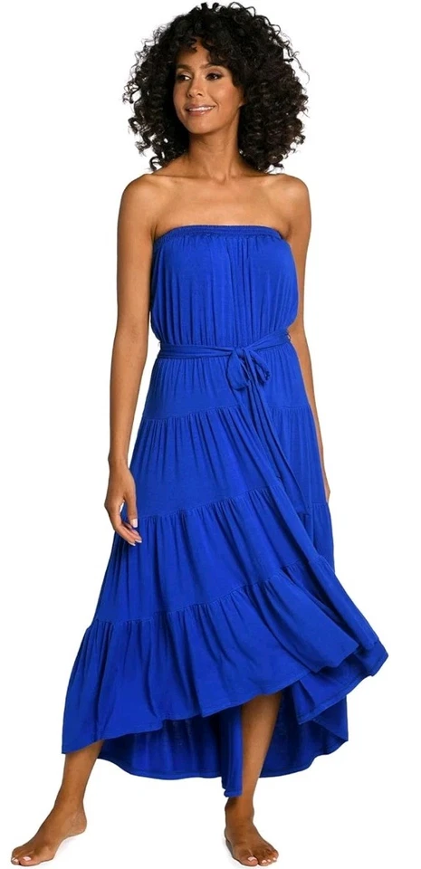 La Blanca垂褶亲爱的无肩带迷笛连衣裙小号蓝色分层泳装遮盖 — 第 1/4 张图片