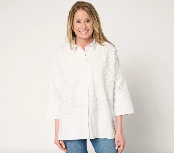 Camisa de popelina relajada con frente de encaje LOGO Luvish de Lori Goldstein, talla XL a684776 Foto 1 de 4