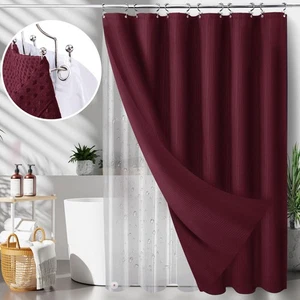 3 in 1 Waterproof Waffle Weave Shower Curtain and Clear Liner Set with 12 Sta... - Picture 1 of 6