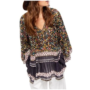 Free People Women’s Small Tunic Gardenia Floral Print V Neck Long Sleeve Boho - Picture 1 of 16