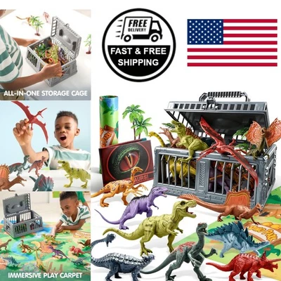 Juego de juguetes de dinosaurios con alfombrilla de juego de actividades y jaula de almacenamiento para niños de 3 a 5 años Foto 1 de 4