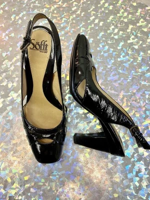 Salto Sofft Selena preto couro envernizado biqueira fechada recortada bloco estilingue tamanho 6 - Imagem 1 de 4