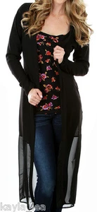 Black Long Sleeve Open Scarf Drape Front Chiffon Maxi Hem Cardigan/Wrap/Cover-Up - Picture 1 of 3