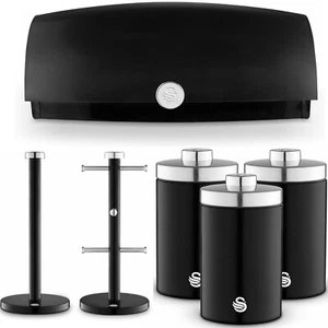 Kitchen Food Storage Set Black Tea Coffee Sugar Bread Bin Towel Mug Tree Holder - Picture 1 of 12