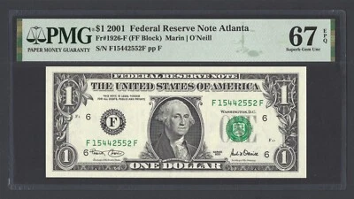 United States-Federal Reserve 1 Dollar 2001 Fr#1926-F (FF Block) UNC Grade 67 - Image 1 of 2