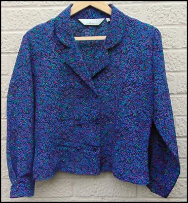 Vintage 1980s blouse BHS black/mauve/blue floral fitted top fits size 10 UK - Image 1 of 4