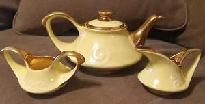 Vintage Guaranteed 22k Gold Yellow USA Mid Century Tea Set TeaPot Sugar Creamer - Picture 1 of 12