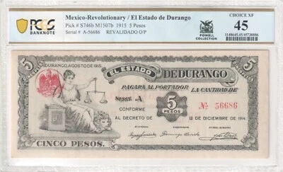 Mex Revolution / El Estado de Durango P#S746b M1507b 1915 5 Pesos PCGS Ch XF45 - Image 1 of 2