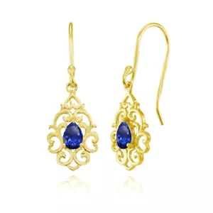 Filigree Heart Created Blue Sapphire Teardrop Dangle Earrings Gold Plated Silver - Picture 1 of 3